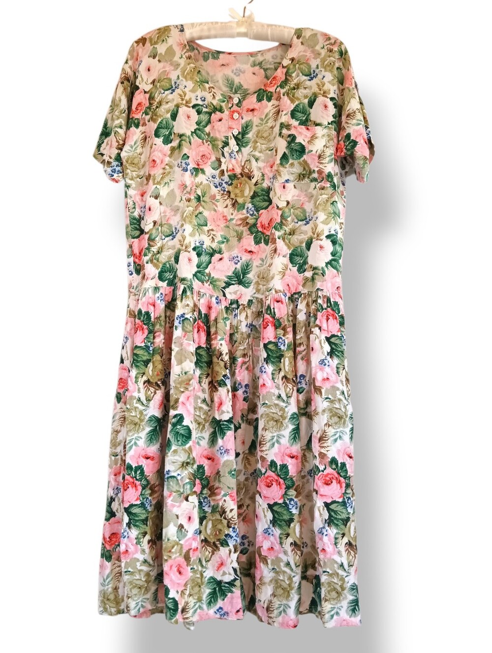 Vintage Garden Dress Floral Button-Front Midi Front Pocket Pink Green Soft Flowy - Picture 1 of 11